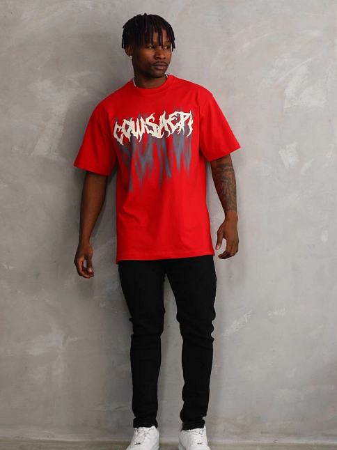Erkek Baskılı T-shirt Kısa Kol Bisiklet Yaka Rahat Kalıp Tişört - Kırmızı