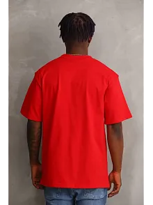 Erkek Baskılı T-shirt Kısa Kol Bisiklet Yaka Rahat Kalıp Tişört - Kırmızı