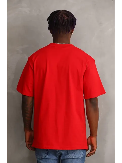 Erkek Baskılı T-shirt Kısa Kol Bisiklet Yaka Rahat Kalıp Tişört - Kırmızı