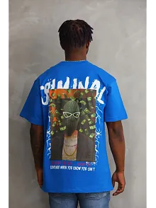 Erkek Baskılı T-shirt Kısa Kol Bisiklet Yaka Rahat Kalıp Tişört  - Mavi