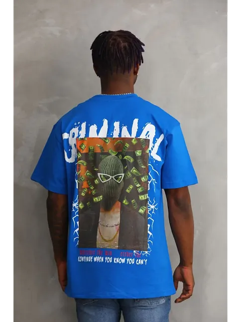 Erkek Baskılı T-shirt Kısa Kol Bisiklet Yaka Rahat Kalıp Tişört  - Mavi