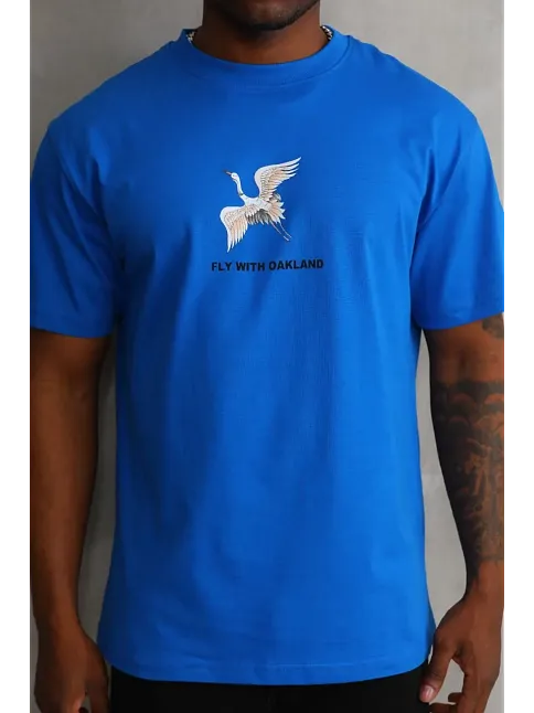 Erkek Baskılı T-shirt Kısa Kol Bisiklet Yaka Rahat Kalıp Tişört - Mavi
