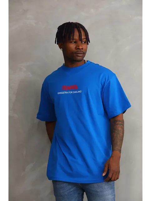 Erkek Baskılı T-shirt Kısa Kol Bisiklet Yaka Rahat Kalıp Tişört  - Mavi
