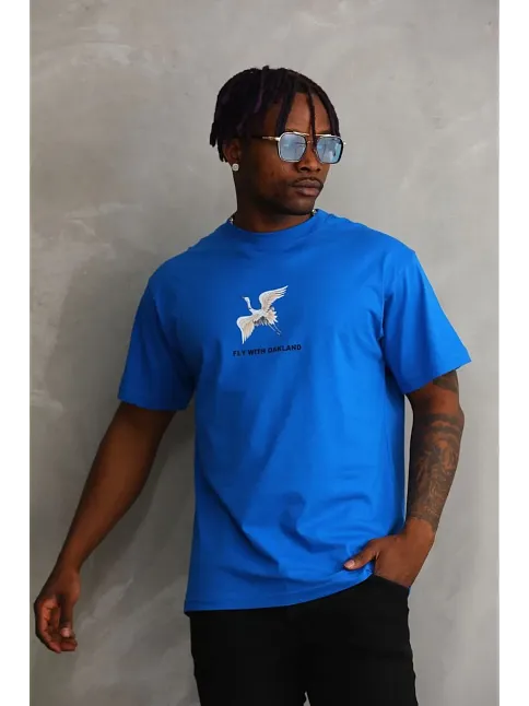 Erkek Baskılı T-shirt Kısa Kol Bisiklet Yaka Rahat Kalıp Tişört - Mavi