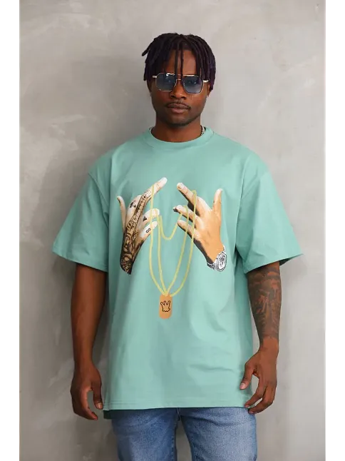 Erkek Baskılı T-shirt Kısa Kol Bisiklet Yaka Rahat Kalıp Tişört - Mint Yeşili