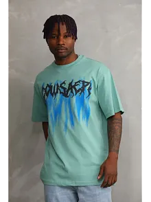 Erkek Baskılı T-shirt Kısa Kol Bisiklet Yaka Rahat Kalıp Tişört - Mint Yeşili