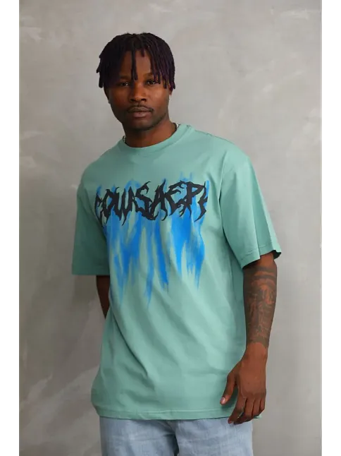 Erkek Baskılı T-shirt Kısa Kol Bisiklet Yaka Rahat Kalıp Tişört - Mint Yeşili
