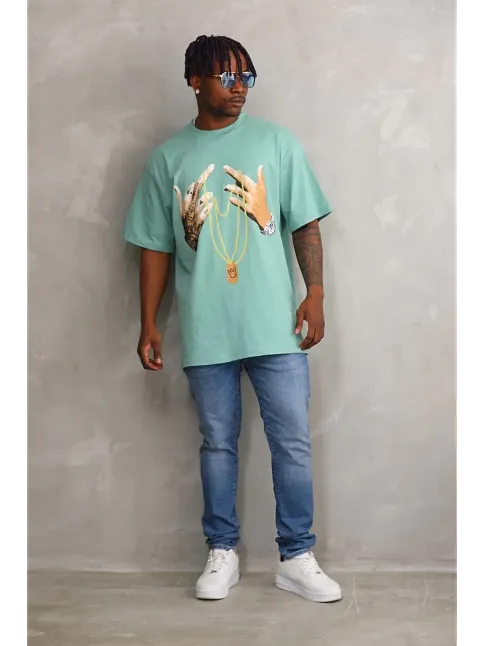 Erkek Baskılı T-shirt Kısa Kol Bisiklet Yaka Rahat Kalıp Tişört - Mint Yeşili