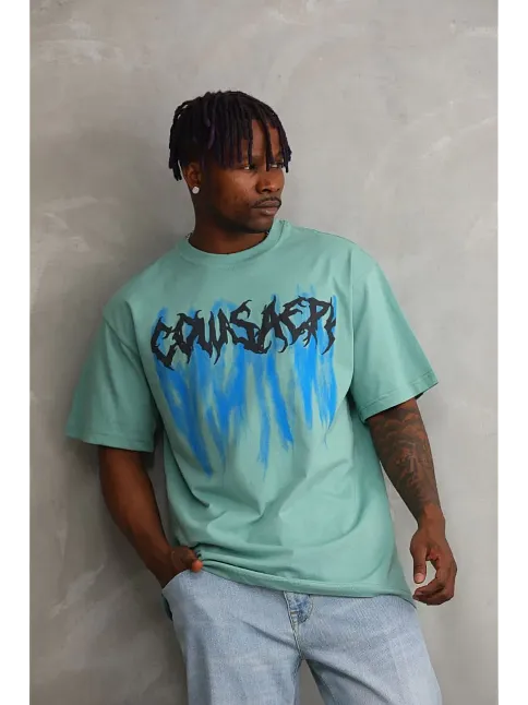Erkek Baskılı T-shirt Kısa Kol Bisiklet Yaka Rahat Kalıp Tişört - Mint Yeşili
