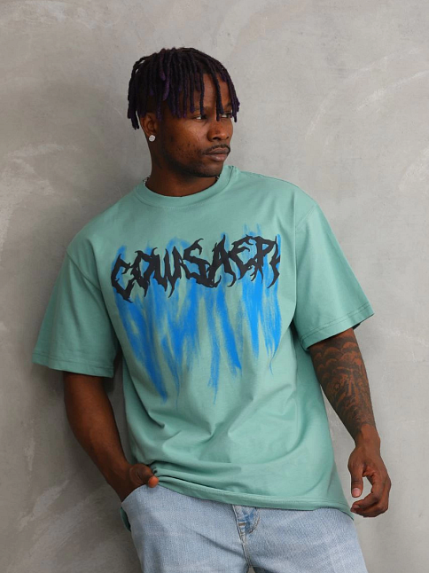 Erkek Baskılı T-shirt Kısa Kol Bisiklet Yaka Rahat Kalıp Tişört - Mint Yeşili