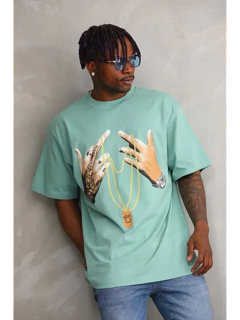 Erkek Baskılı T-shirt Kısa Kol Bisiklet Yaka Rahat Kalıp Tişört - Mint Yeşili
