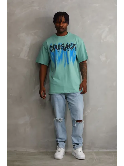 Erkek Baskılı T-shirt Kısa Kol Bisiklet Yaka Rahat Kalıp Tişört - Mint Yeşili