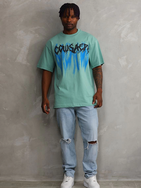Erkek Baskılı T-shirt Kısa Kol Bisiklet Yaka Rahat Kalıp Tişört - Mint Yeşili