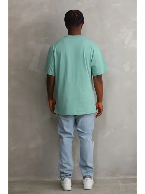 Erkek Baskılı T-shirt Kısa Kol Bisiklet Yaka Rahat Kalıp Tişört - Mint Yeşili