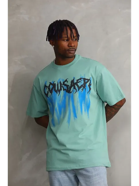 Erkek Baskılı T-shirt Kısa Kol Bisiklet Yaka Rahat Kalıp Tişört - Mint Yeşili