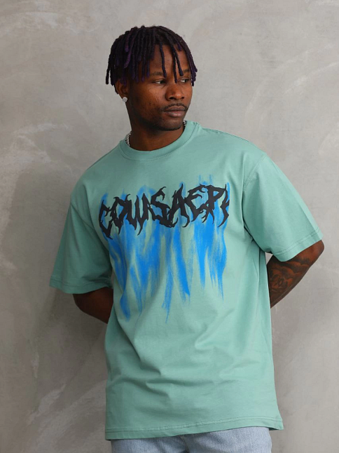Erkek Baskılı T-shirt Kısa Kol Bisiklet Yaka Rahat Kalıp Tişört - Mint Yeşili