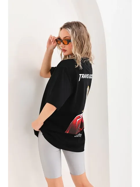 Kadın Baskılı T-shirt Kısa Kol Bisiklet Yaka Oversize Rahat Kalıp Günlük Tişört - Siyah