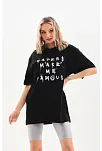 Kadın Kısa Kol Yazlık Tişört Bisiklet Yaka Baskılı Oversize T-shirt - Siyah