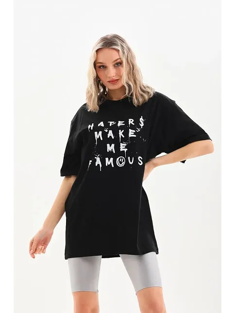 Kadın Kısa Kol Yazlık Tişört Bisiklet Yaka Baskılı Oversize T-shirt - Siyah