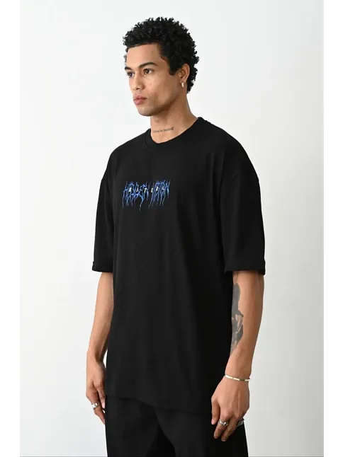 Erkek Baskılı Oversize  Kısa Kol T-shirt - Siyah