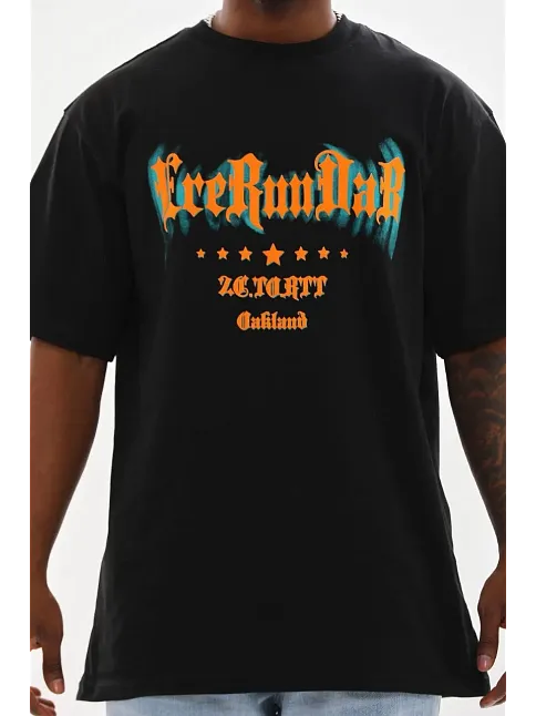 Erkek Baskılı T-shirt Kısa Kol Bisiklet Yaka Rahat Kalıp Tişört - Siyah