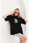 Kadın Baskılı T-shirt Kısa Kol Bisiklet Yaka Oversize Rahat Kalıp Günlük Tişört - Siyah