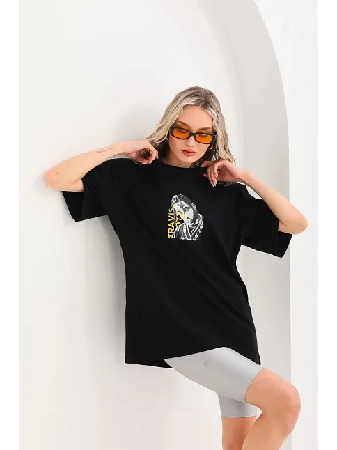 Kadın Baskılı T-shirt Kısa Kol Bisiklet Yaka Oversize Rahat Kalıp Günlük Tişört - Siyah