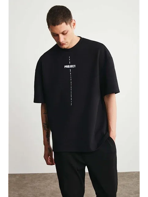 Erkek Baskılı T-shirt Kısa Kol Bisiklet Yaka Regular Fit Rahat Kalıp Tişört - Siyah