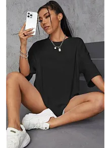 Kadın Baskılı Oversize Kısa Kol T-shirt - Siyah