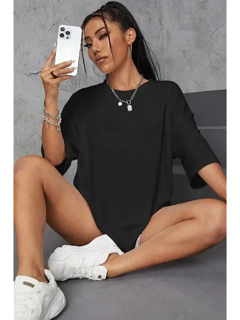 Kadın Baskılı Oversize Kısa Kol T-shirt - Siyah