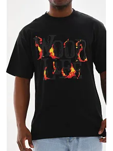 Erkek Baskılı T-shirt Kısa Kol Bisiklet Yaka Rahat Kalıp Tişört - Siyah