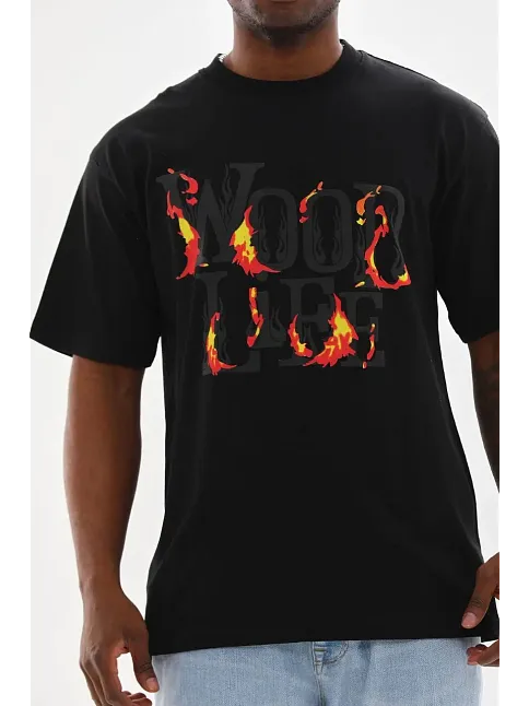 Erkek Baskılı T-shirt Kısa Kol Bisiklet Yaka Rahat Kalıp Tişört - Siyah