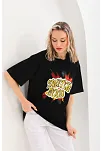 Kadın Kısa Kol Yazlık Tişört Bisiklet Yaka Ejderha Baskılı T-shirt - Siyah