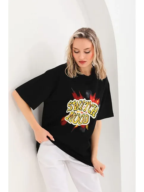 Kadın Kısa Kol Yazlık Tişört Bisiklet Yaka Ejderha Baskılı T-shirt - Siyah