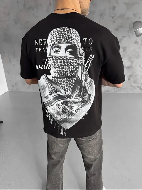 Erkek Kısa Kol Tişört Bisiklet Yaka Filistin Poşulu Baskılı T-shirt - Siyah