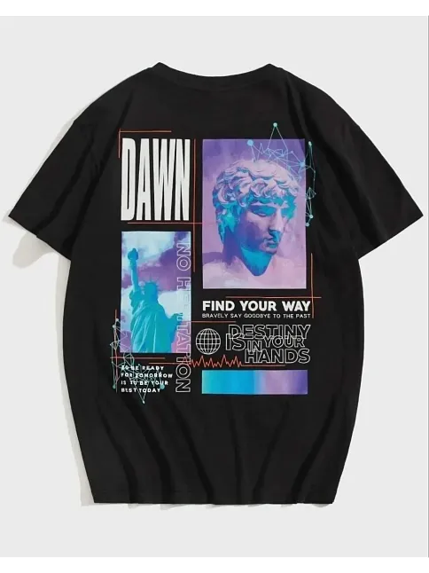 Kadın Baskılı T-shirt Kısa Kol Bisiklet Yaka Oversize Rahat Kalıp Tişört - Siyah