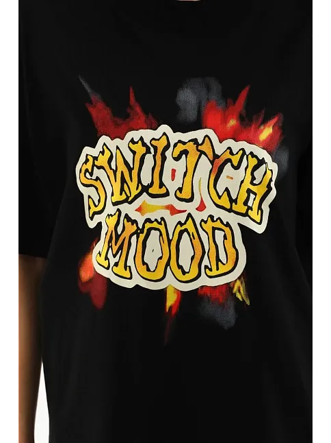 Kadın Kısa Kol Yazlık Tişört Bisiklet Yaka Ejderha Baskılı T-shirt - Siyah