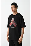 Erkek Boxy Eldiven Baskılı T-shirt Kısa Kol Bisiklet Yaka Tişört - Siyah