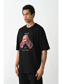 Erkek Boxy Eldiven Baskılı T-shirt Kısa Kol Bisiklet Yaka Tişört - Siyah