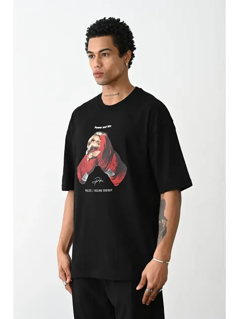 Erkek Boxy Eldiven Baskılı T-shirt Kısa Kol Bisiklet Yaka Tişört - Siyah