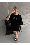Kadın Kısa Kol Tişört Bisiklet Yaka Filistin Poşülü Baskılı T-shirt - Siyah