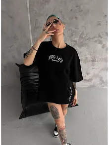 Kadın Kısa Kol Tişört Bisiklet Yaka Filistin Poşülü Baskılı T-shirt - Siyah