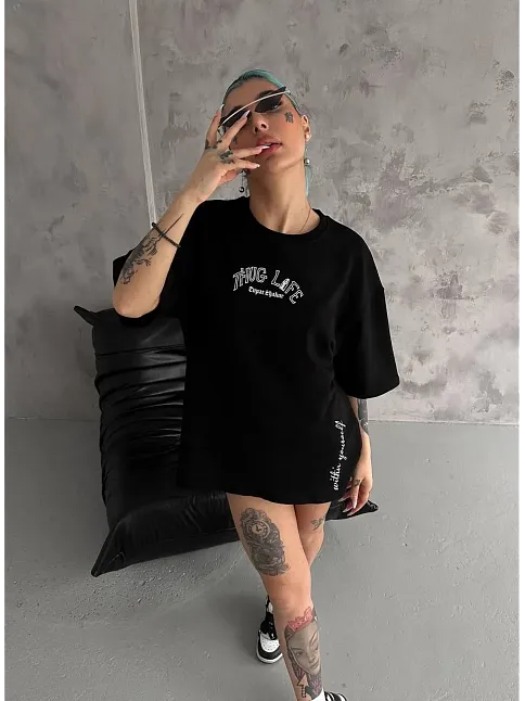 Kadın Kısa Kol Tişört Bisiklet Yaka Filistin Poşülü Baskılı T-shirt - Siyah