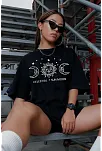 Kadın Baskılı T-shirt Kısa Kol Bisiklet Yaka Oversize Rahat Kalıp Tişört - Siyah