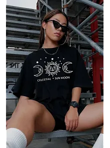Kadın Baskılı T-shirt Kısa Kol Bisiklet Yaka Oversize Rahat Kalıp Tişört - Siyah