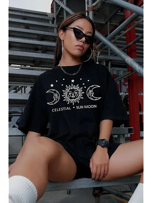 Kadın Baskılı T-shirt Kısa Kol Bisiklet Yaka Oversize Rahat Kalıp Tişört - Siyah