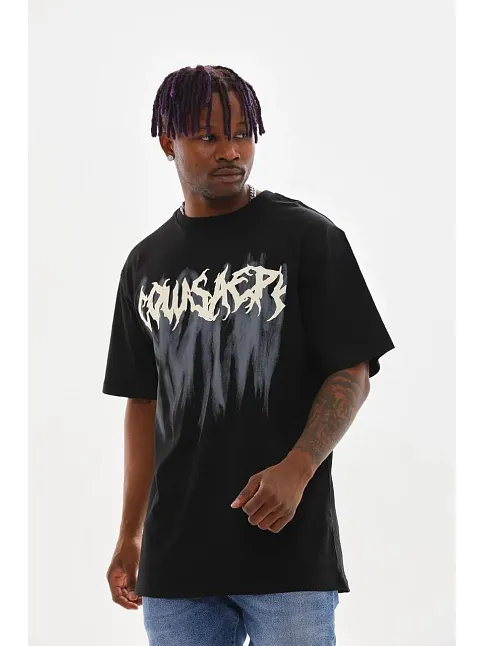 Erkek Baskılı T-shirt Kısa Kol Bisiklet Yaka Rahat Kalıp Tişört - Siyah