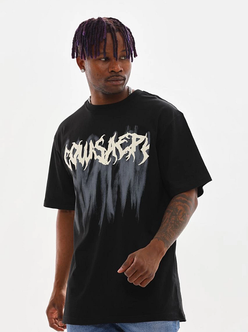 Erkek Baskılı T-shirt Kısa Kol Bisiklet Yaka Rahat Kalıp Tişört - Siyah