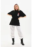 Kadın Kısa Kol Yazlık Tişört Bisiklet Yaka Baskılı Oversize T-shirt - Siyah