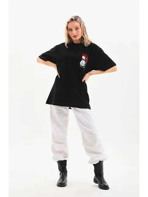 Kadın Kısa Kol Yazlık Tişört Bisiklet Yaka Baskılı Oversize T-shirt - Siyah